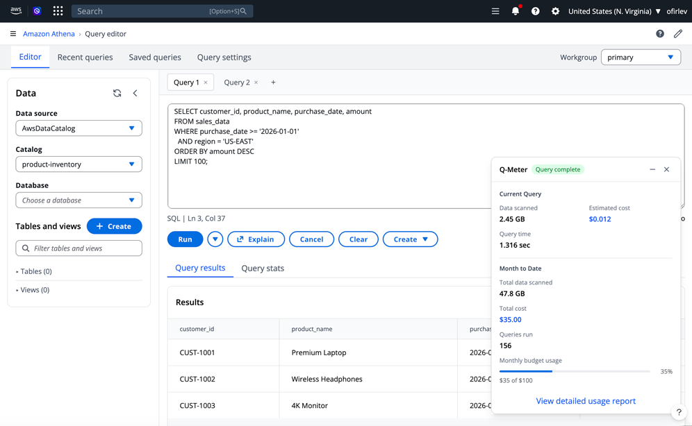 Amazon Athena Usage Companion Widget preview