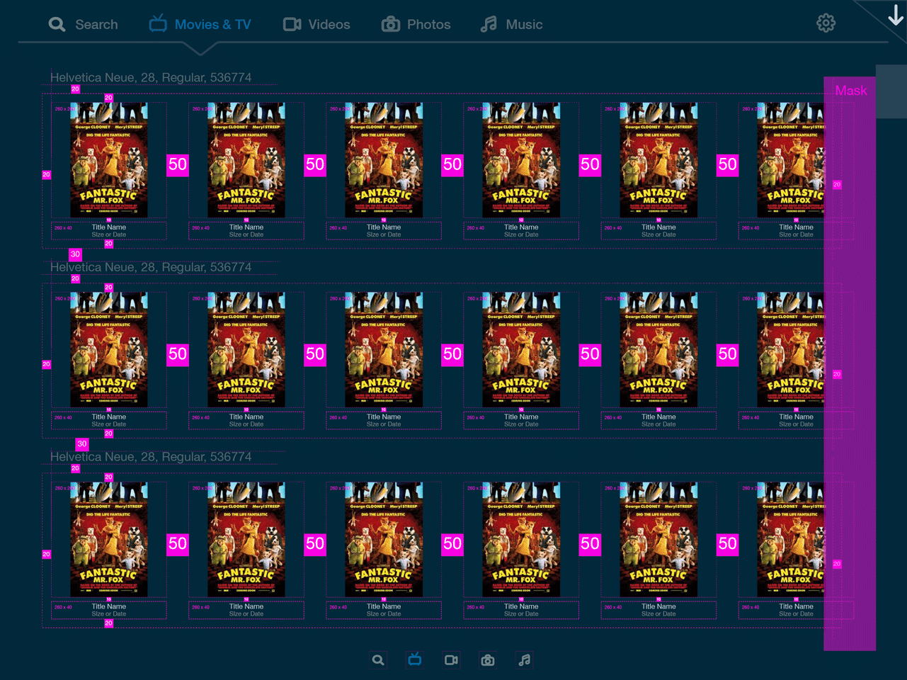 Tablet wireframe spec: movie listings