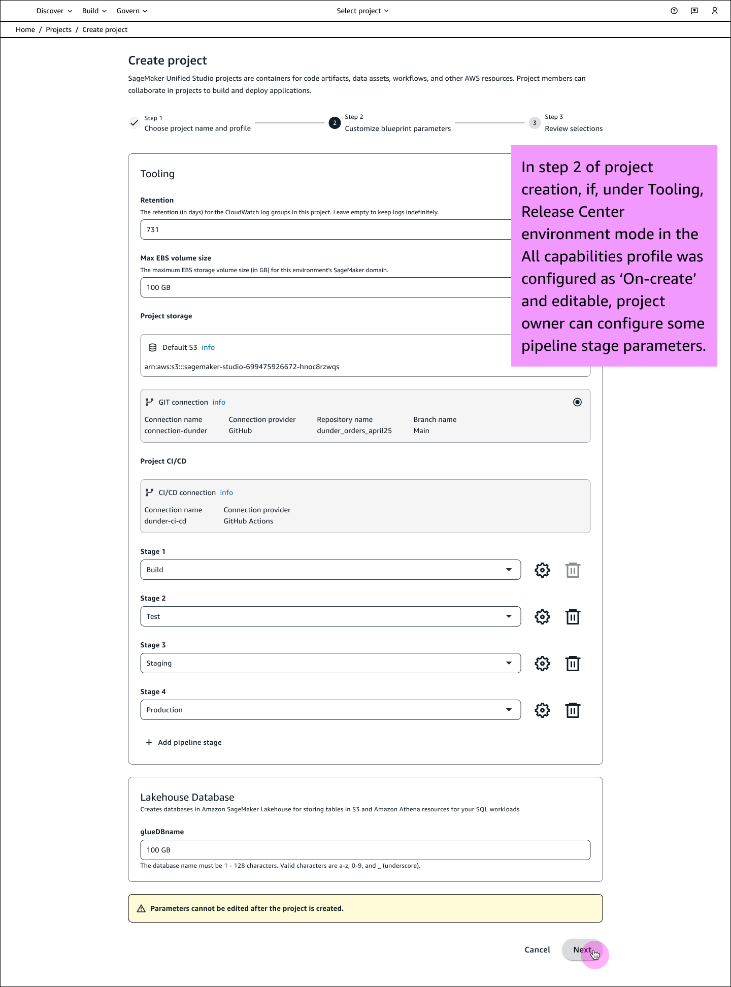 Wireframe for project creation with stage setup