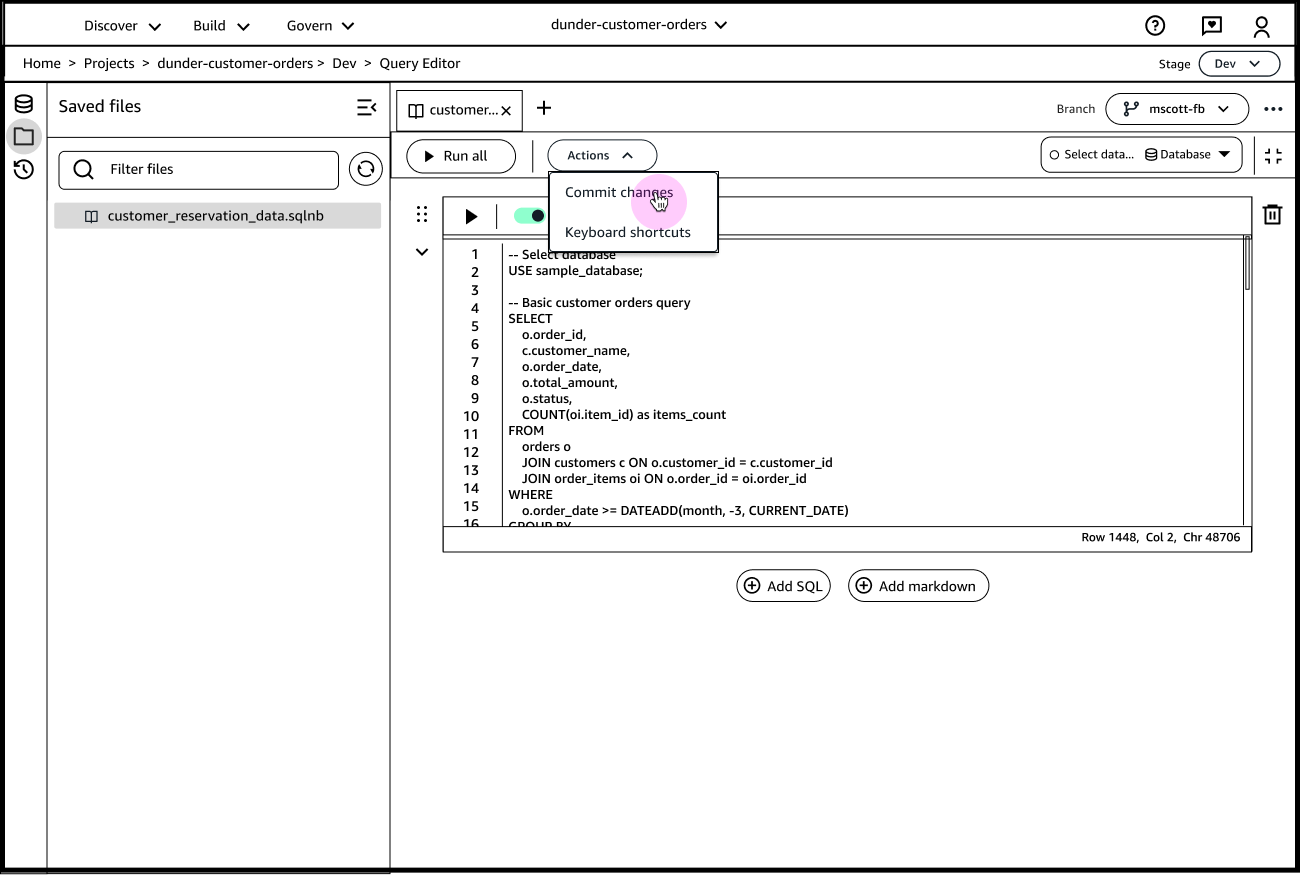 Wireframe of query editor tool commit flow