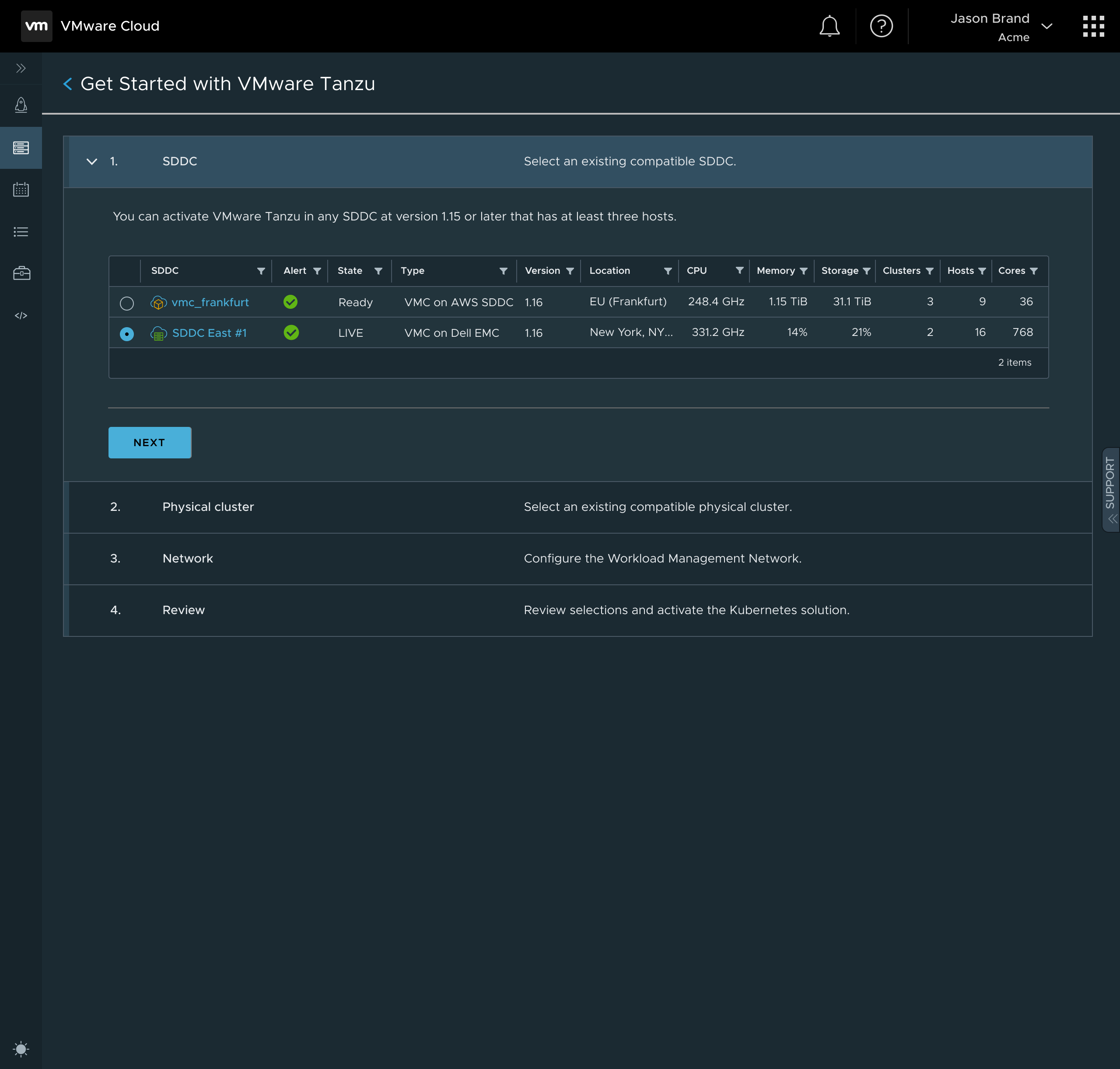 Tanzu service setup entry screen