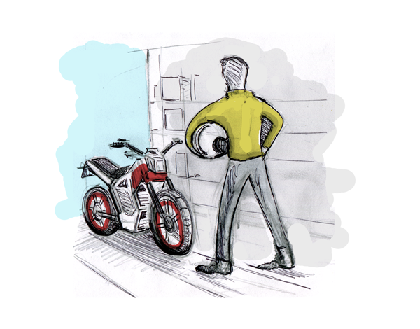 Storyboard frame 1: Rider in the garage, helmet in hand, approaching the bike