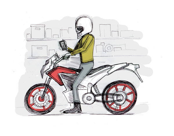Storyboard frame 2: Rider on the bike, helmet on, setting up the app
