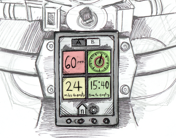Storyboard frame 5: Live ride view A — speed, range, time to empty